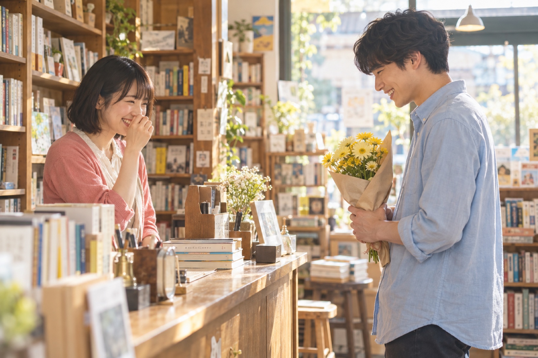 本屋のカウンターで花束を手に笑うふたり
