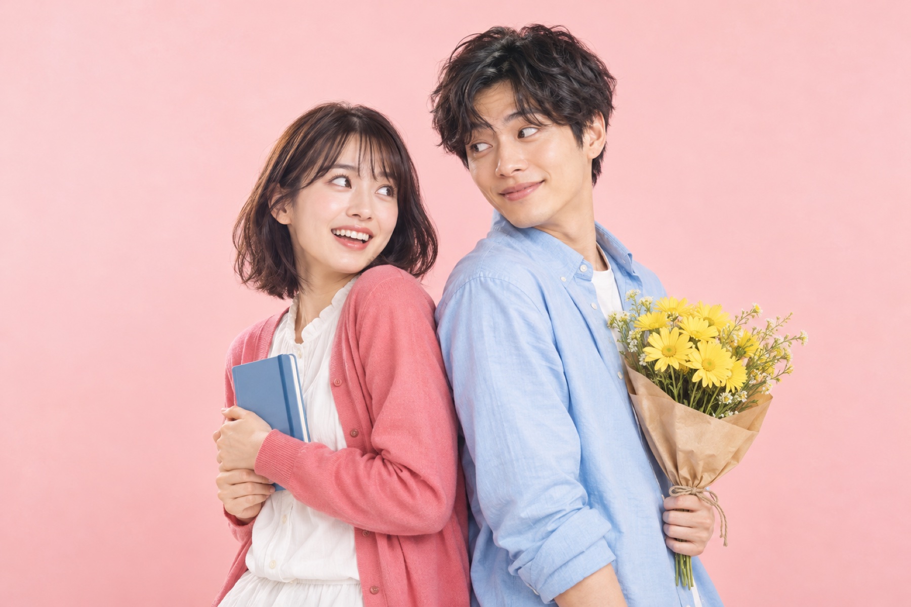 ノートを持つ栞と、花束を持つ湊が笑顔を交わす映画のキービジュアル