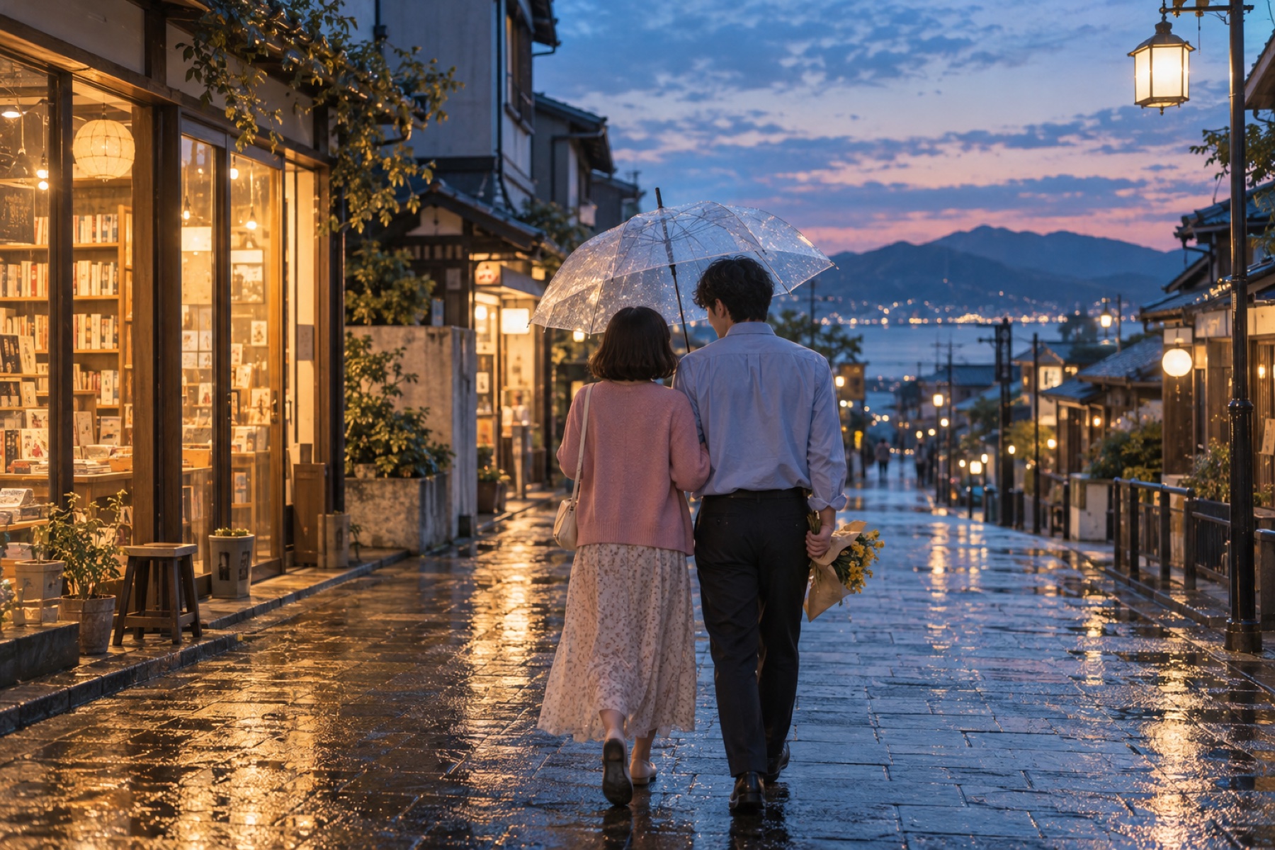 雨上がりの商店街で一つの傘を差すふたり