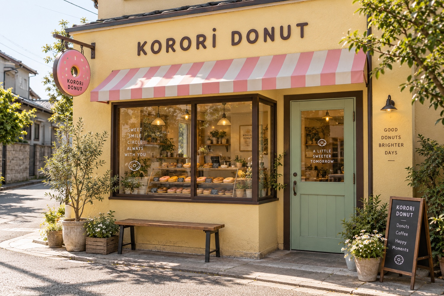黄色い外壁とピンクのひさしが目印の、架空のKORORI DONUT店舗