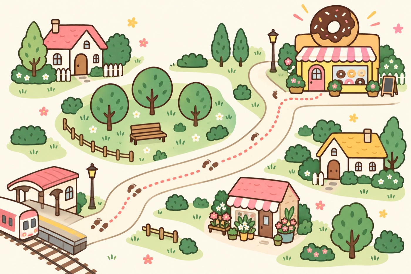 架空のこむぎ駅から公園のそばを通り、KORORI DONUTへ向かうイラストマップ