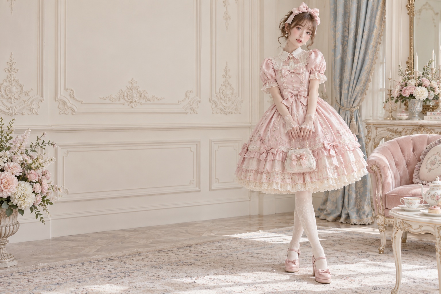 クラシカルなサロンに佇むピンクのレースドレス姿