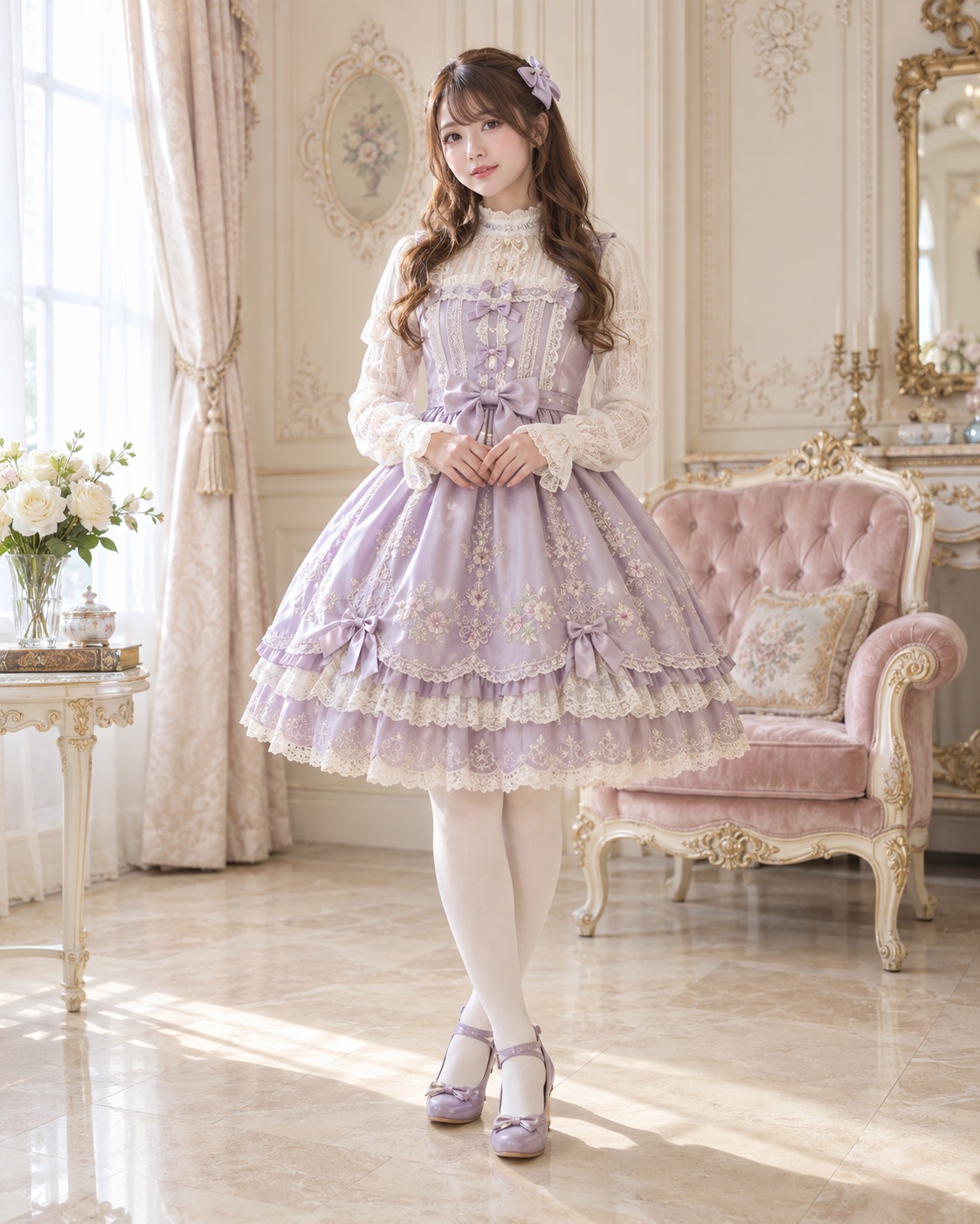 ラベンダーのドレスとアイボリーのブラウスを着たロングヘアのモデル