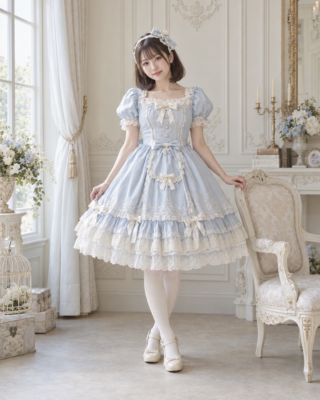 サックスブルーのレースドレスを着たボブヘアのモデル